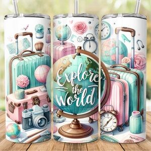 Explore the World Travel Tumbler - Pink & Teal Globe Design